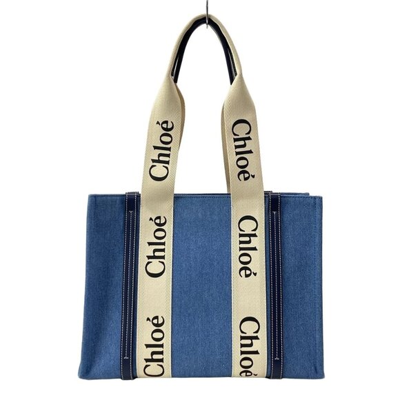 Chloe Woody Medium Tote Bag Blue Cream Denim Leather Tote Bag 671-073125 - Picture 1 of 14
